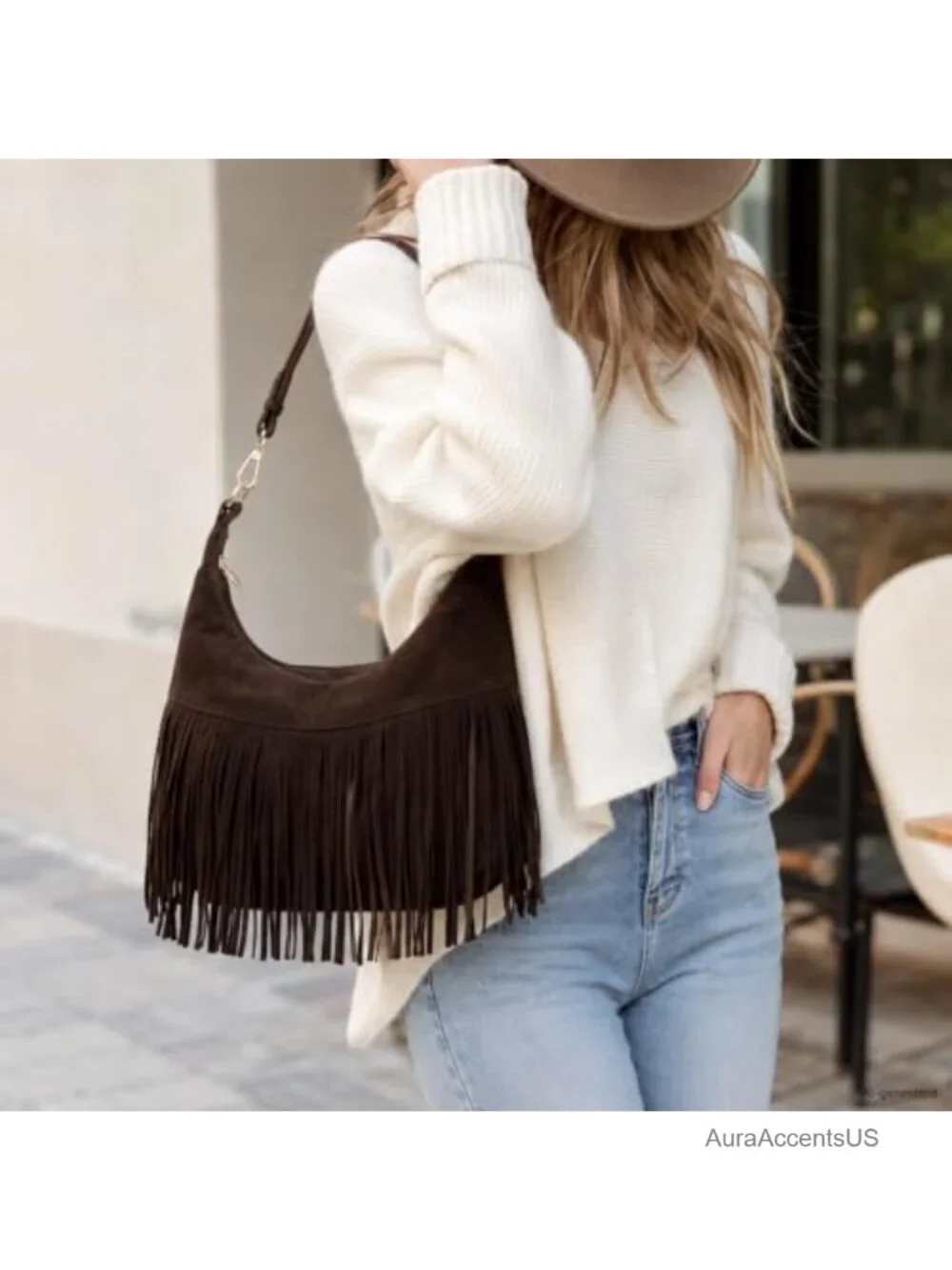 Faux Leather Fringe Hobo Shoulder Crossbody Bag Vegan Suede Tassel